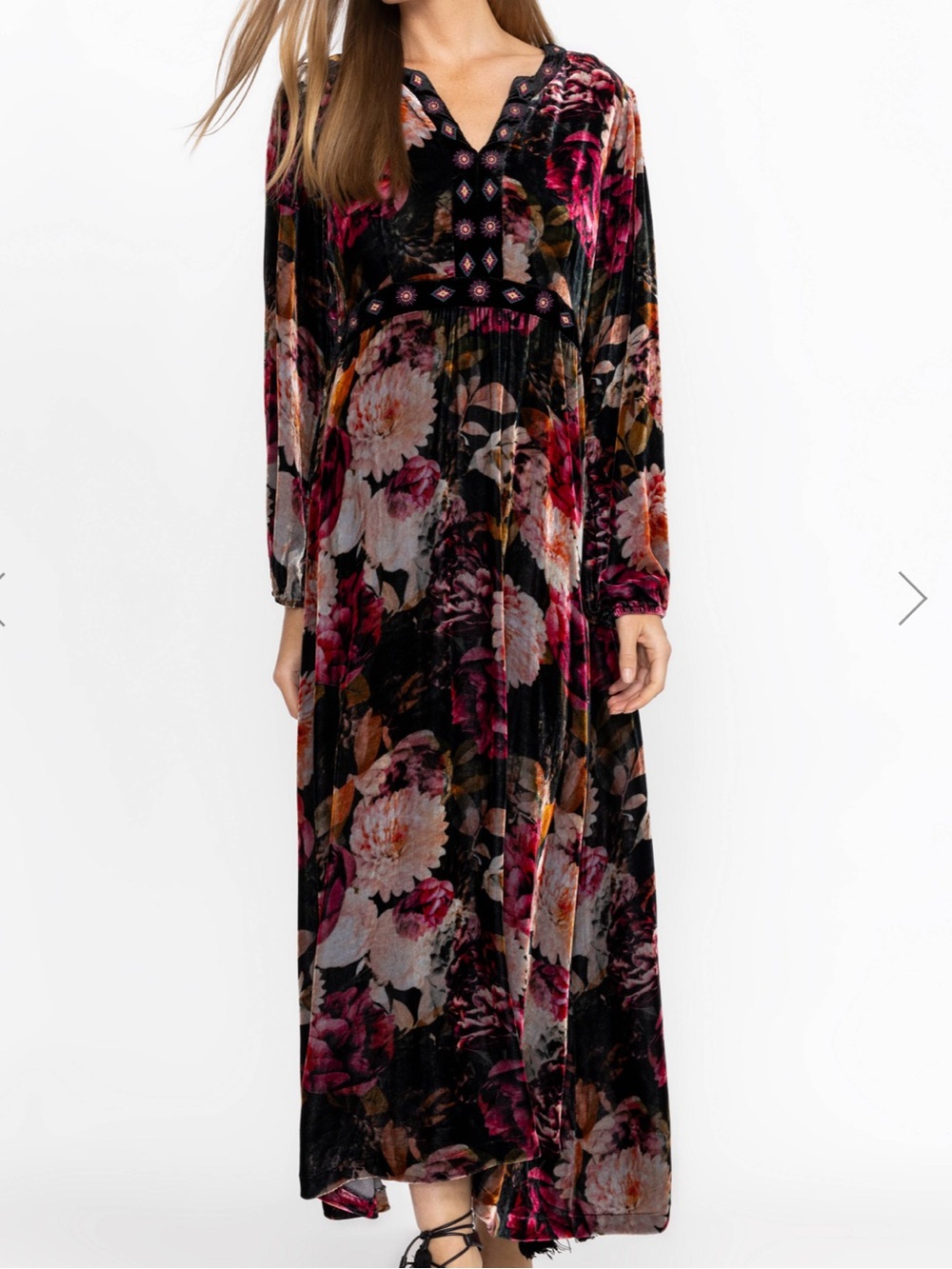 Johnny Was Rosa Velvet Front Notch Silk Blend Floral Dress